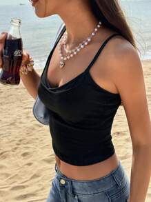 Jouncy Women's Black Solid Color Cross Chest Design Slim Fit Spaghetti Strap Camisole - Black - View 2