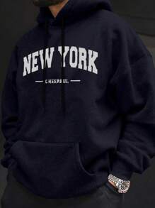 Manfinity EMRG Loose Fit Men's Hoodie With English Letter Print, Kangaroo Pocket And Drawstring - Navy Blue - View 1