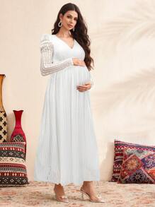 SHEIN Pregnancy V-Neck Lace Puff Sleeve Maternity Dress, Autumn - White - View 5