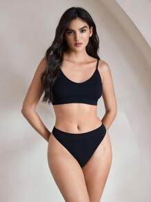 Ocili Leisure Seamless Solid Color Textured Women Camisole Bra And Thong Lingerie Set - Black - View 9