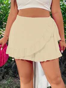 SHEIN Holidaya Plus Size Women Summer Plain Ruffle Hem Wrap Casual Black Skort Black Skirt Womengirl Black Skirtblack Skirt - Khaki - View 4