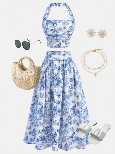 Girlism 少女蓝白编织露背吊带优雅印花上衣长裙两件套，适合春夏季节、节日庆典、度假旅行。