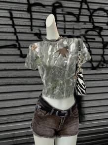 Attitoon Camiseta de cuello redondo de manga corta con ajuste ceñido, estampado de camuflaje con hojas en estilo vintage, para mujer, estilo callejero de verano