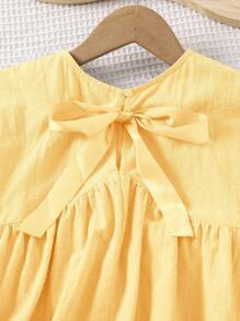 SHEIN LMoss Kids LMoss Young Girl Young Girl Woven Solid Color Loose Casual Blouse With Round Neck & Bowtie - Yellow - View 3