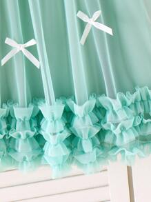 Elladie kids Young Girls Green Cute White Bowknot Inlaid Button Round Neck Layered Mesh Comfortable Elegant Little Princess Dress