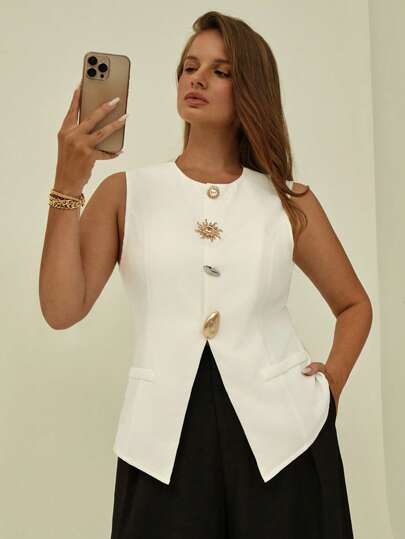 Auralis Moda feminina plus size, casual, para o verão, para mulheres, para negócios, casual, para mulheres, elegante, blazer branco sem mangas, com decoração de botões dourados, top curto, para sair, para aniversário, para mulheres, para shows, para mulheres, estilo antigo, para mulheres, top branco, elegante e elegante