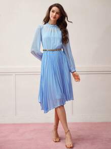 MOTF Classy SHEER ROUND NECK PLEATED SUMMER DRESS - Blue - View 5