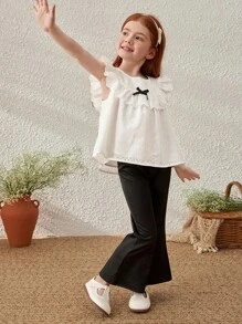 SHEIN Young Girls French Elegant Ruffle Detail White Round Neck Blouse, Spring/Summer - White - View 4