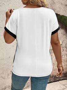SHEIN LUNE قميص كاجوال فضفاض بياقة على شكل V وأكمام قصيرة للنساء ذوات الأحجام الكبيرة. ملابس نسائية علوية، تصميم لوحة ملونة، للعطلات الصيفية - متعدد الألوان - مشاهدة 2