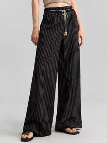 Ontre Women's Black Pinstripe Woven Fabric Casual Long Pants With Pockets And Drawstring Waist - Black - View 5