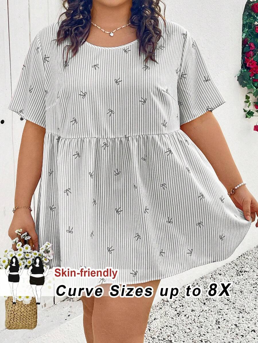 SHEIN CURVE+ 大码女士宽松蝴蝶结条纹印花衬衫，适合海滩度假、海滨度假、女士海滩休闲、海滩必备、毕业典礼、下午茶派对等场合。 - 灰色 - 查看 1