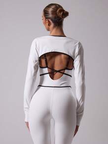 Musera Sport Bolero de manga larga con costuras de contraste para actividades, pádel, tenis, pickleball, gimnasio y fitness - Blanco - Ver 2