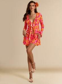 SHEIN BAE 2pcs Women Vacation Set: Solid Color/Tie-Dye Print Sheer Mesh Ruffle Crop Top & Low Waist Ruffle Hem Super Short Skirt, Resort Beach Outfit, Summer