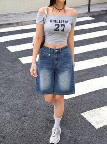 SHEIN EZwear 女士牛仔短裤，休闲低腰百慕大短裤，蓝色