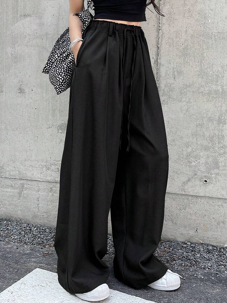 Women's Casual Solid Color Drawstring Waist Long Pants