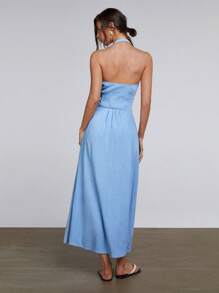 Athîral Vestido largo con escote halter sin espalda de unicolor elegante para mujer