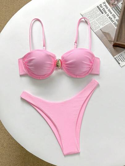 Swim Mod Solid Color Spaghetti Strap Underwire Top And Swim Shorts 2 Pieces Swimwear Set For Women, Summer