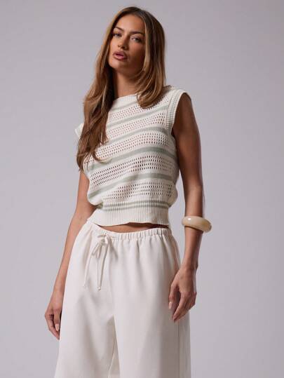 MUSERA Top de manga corta a rayas de estilo casual de primavera y verano, con tejido de ganchillo y punto, estilo de calle Y2K de los 90, lindo para brunch, aeropuerto, vacaciones, otoño, vuelta al cole, otoño, invierno y ocasiones elegantes