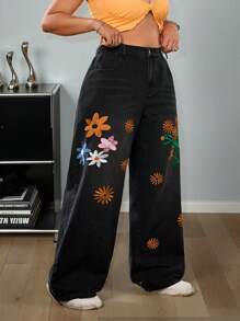 SHEIN ICON Plus Size Embroidered Relaxed Fit Straight Leg Jeans, Rave Outfits Festival - Black - View 3