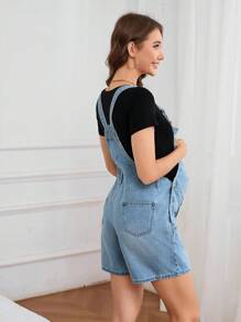 SHEIN Maternity Casual Washed Denim Overalls For Summer - Light Wash - View 2