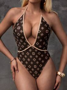 Slaydiva 1 bộ đồ bơi liền thân in họa tiết tiền xu cổ điển - Màu Khaki - Xem 1