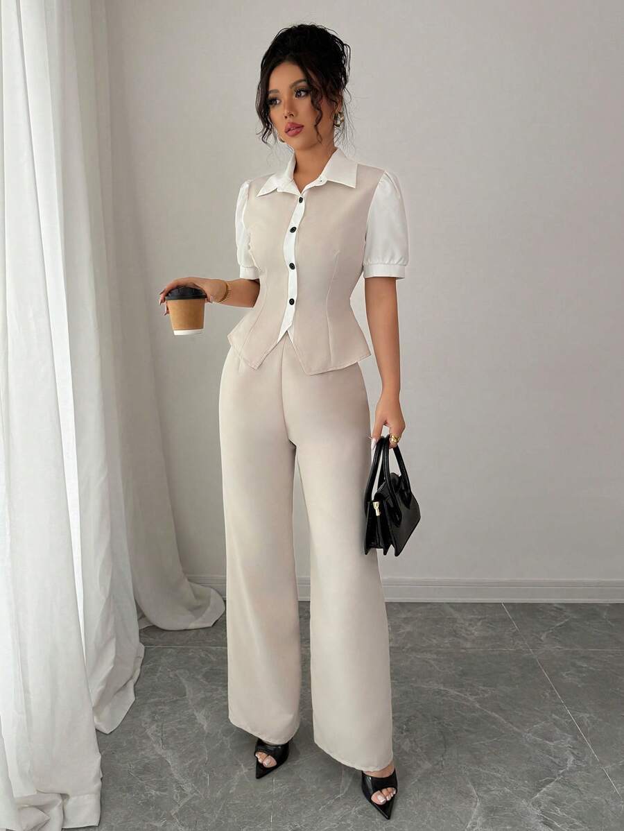 Elenzga 女士休闲拼接撞色纽扣装饰短袖两件套 - 米色 - 查看 1