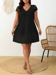 SHEIN Frenchy Plus Size Casual Solid Color Lace Patchwork Dress Black - Black - View 4