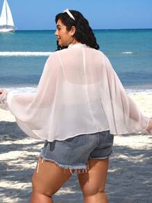 SHEIN CURVE+ Plus Size Women's Summer Sun Protection Shirt, Cool Shawl Top, Lace Cuff Details, Retro Romantic Vacation Thin Coat Boho Vacation, Curve Plus, Boho Vacation - White - View 2