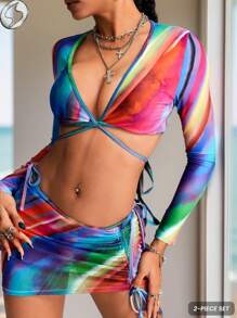 Innovista Traje de baño deportivo para mujer de dos piezas, conjunto de traje de baño para mujer, traje de baño de manga larga para mujer, falda anudada - Multicolor - Ver 2