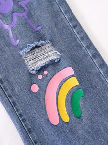 Teen Girls Rainbow Print Ripped Straight Leg Jeans - Blue - View 3