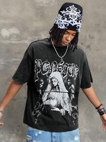 ROMWE MEN Street Life 男士夏季休闲图形字母印花 T 恤 - 黑色 - 查看 4