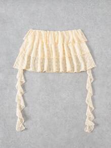 DAZY Women's Solid Color Lace Double Ruffle Hem Beach Cover Up Dress - Beige - View 7