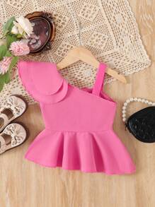 SHEIN Young Girls Solid Color Ruffle Trim Blouse, Spring/Summer - Hot Pink - View 2