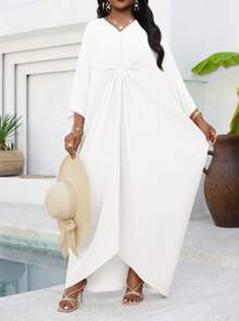 SHEIN Lady 节日连衣裙大码香槟色编织短袖女士长袍宽松垂坠节日新娘送礼会礼服海滩女士高腰修身连衣裙 - 白色 - 查看 4