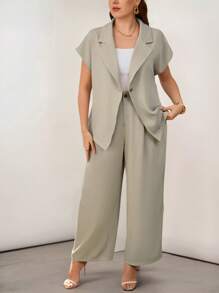 Firerie Große Größen Frühling/Sommer bequemer, legerer, eleganter Büro-/Pendler-Modernejacke mit Metallknöpfen mit Kurzarm und gerades Bein Anzug Hosen Set
