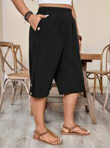 EMERY ROSE Plus Size Casual Shorts With Elastic Waistband, Side Pockets, And Rivet Decorations