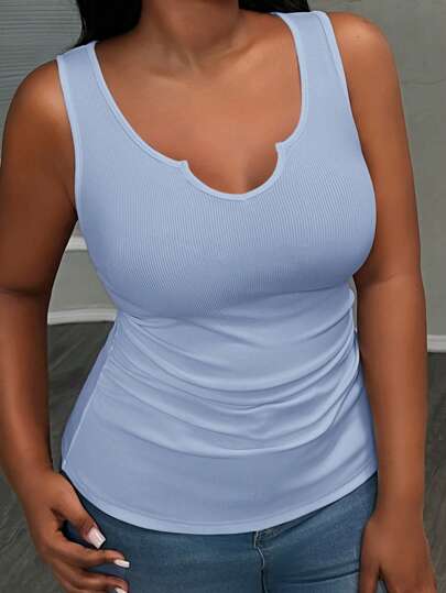 Slaydiva Classic Sleeveless Basic Casual Racerback Top, Minimalist White Solid Color, Ruched Waistband, Ribbed Texture, Suitable For Plus Size Women In Spring/Summer, School, Teacher, Homecoming