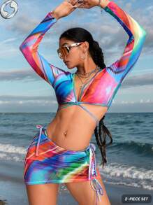 Innovista Traje de baño deportivo para mujer de dos piezas, conjunto de traje de baño para mujer, traje de baño de manga larga para mujer, falda anudada - Multicolor - Ver 1