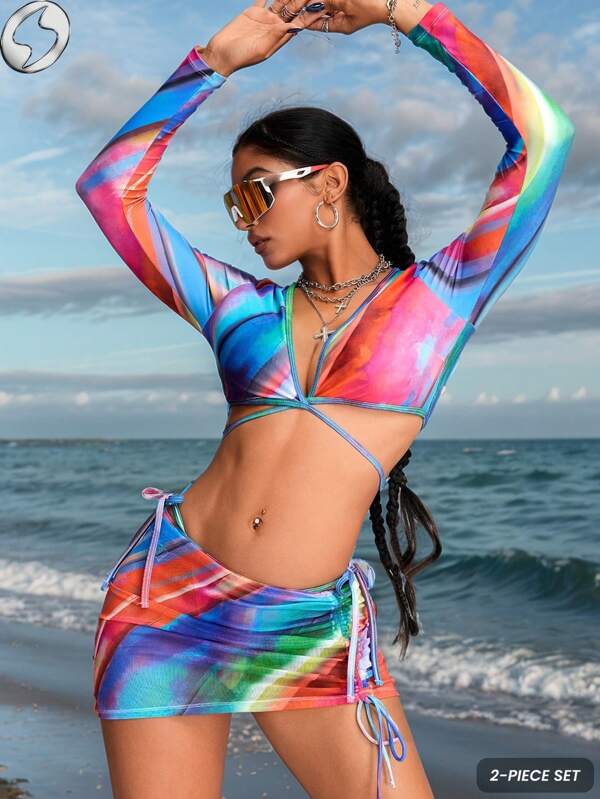 Innovista Damen Sport Badeanzug Set, Damen Bademode Set, Damen Langarm Bademode, gebundener Rock