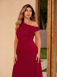Flirla Plus Size Women Elegant Solid Color Off Shoulder Side Slit Ruffle Dress