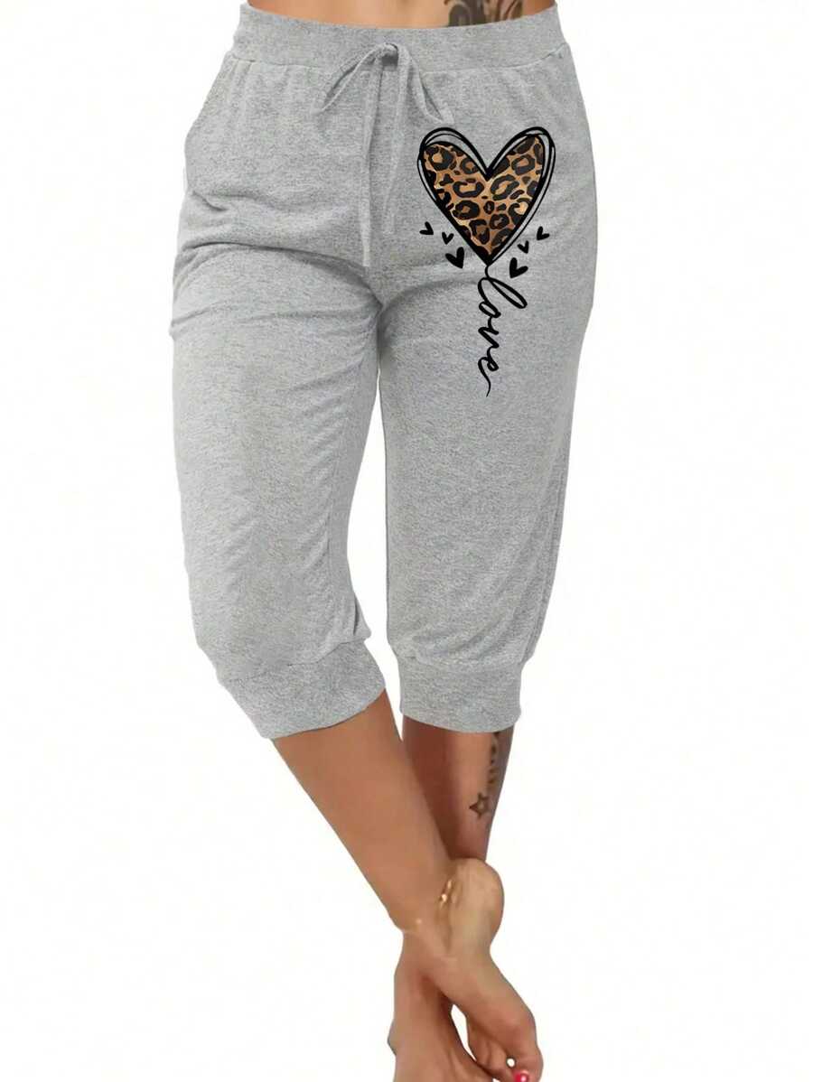 SHEIN LUNE Plus Size Casual Leopard Print Heart & Letter Pattern Pants - Light Grey - View 1