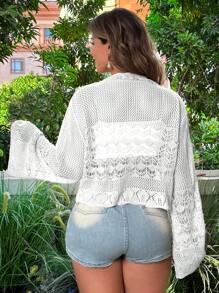 SHEIN SunnyBelle Plus Size Solid Color Fashionable Tie-Up Bow Knot Shell Edge Short Cocoon Crochet Mesh Beach Cover-Up Cardigan, Flare Sleeve Fall Winter Cloth For Women
