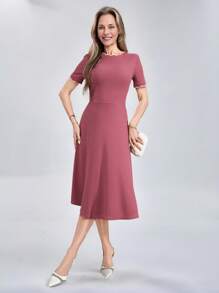 Miaspire Vestido de unicolor de longitud media con mangas cortas, simple y de moda, apropiado para el verano