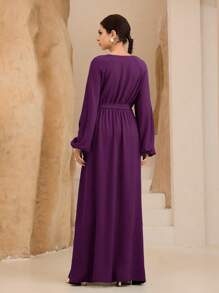 Graceveil Women's Elegant Solid Color Lantern Sleeve Dress - Red Violet - View 2