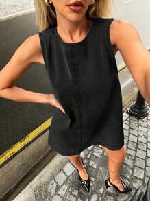 SHEIN Forever 21 Spring&Summer Women Romantic/Prom/Formal/Birthday/90s Clothes/Business Casual Woman/Elegant/Western Wear/Going Out/Fashion/Casual/Y2k Clothes/Club/Office /Cocktail/Vintage/Bodycon/Rave Outfits Festival/Funny/Classy/Old Money/Streetwear/Vacation Outfits/Country Concert Outfit/Work Clothes /Modest/Spring Break/Bachelorette Outfits/Concert/Baddie/Basic/Graduation/Sleeveless/A Line/Blue/Cowgirl/ Denim Mini Dress - Black - View 5