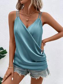 SHEIN Clasi 女士夏季休闲纯色裹身吊带背心 - 青碧色 - 查看 4