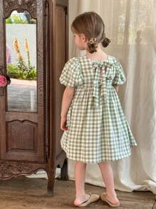 LMoss Kids LMoss   Young Girl Woven Plaid Square Neck Puff Sleeve Fitted Dress,Sisters Outfit,3D Bow Decor,Casual Dress Unique Dresses For Girls    Girls Summer Dresses Spring Dresses For Girls Summer Clothes For Girls Spring Girl Clothes