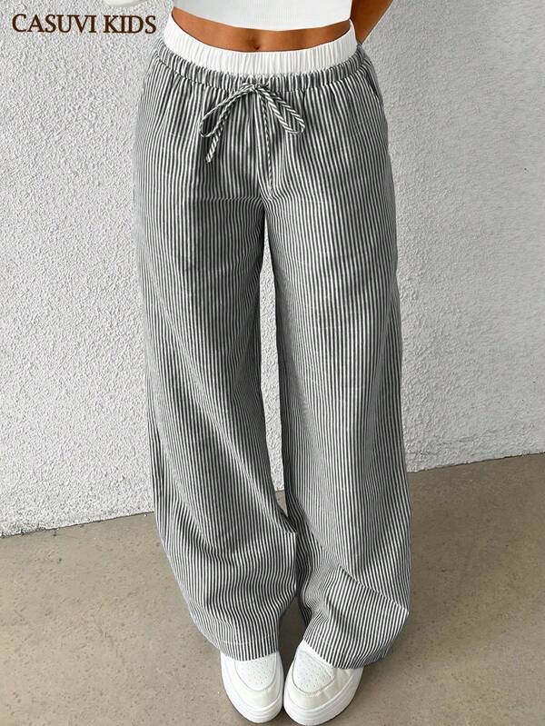 SHEIN Pantalones anchos y sueltos de estilo casual con cintura de lazo a rayas para adolescentes