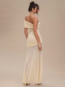 SHEIN BAE Vestito lungo con spalle scoperte, plissettato, in organza color albicocca, sexy e trasparente per donne, adatto per party, cerimonie, vacanze