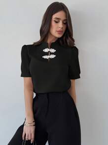 Firerie New Romantic Puff Sleeve Color Blocking Button Front Blouse, Elegant For Ladies On Valentine's Day, Spring/Summer